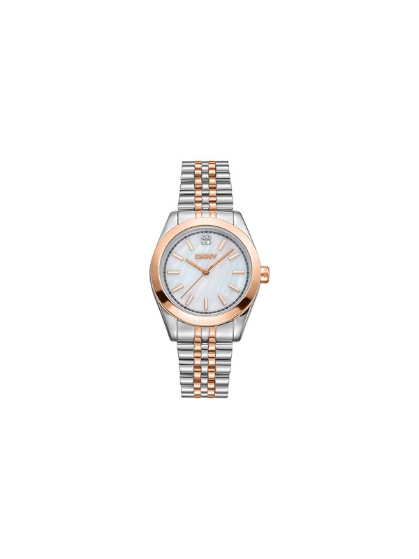 Elegantni DKNY ženski sat sa sedef belim brojčanikom i čeličnom narukvicom u dve boje. Vodootporan do 50m, prečnik 32mm.