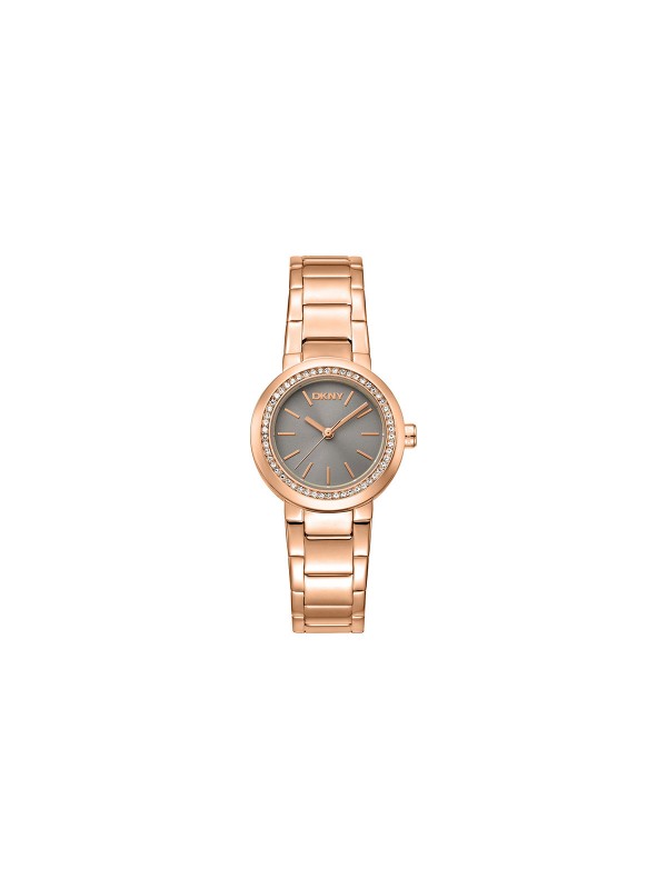 Elegantni DKNY ženski sat u boji roze zlata sa cirkonima, sivi brojčanik, čelična narukvica, vodootporan do 50m, prečnik 28mm.