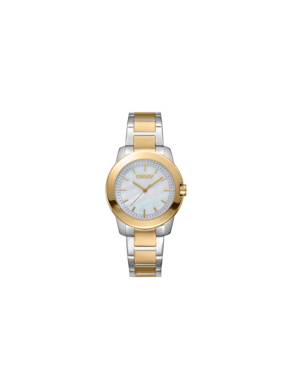 Elegantni DKNY ženski sat sa kućištem i narukvicom u dve boje, beli sedef brojčanik, vodootporan do 50m, prečnik 32mm.