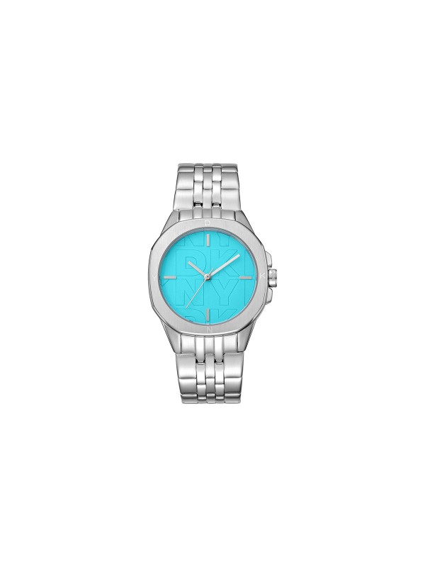 Elegantni DKNY ženski sat sa tirkiznim brojčanikom i čeličnom narukvicom, vodootporan do 50m, prečnika 34mm.