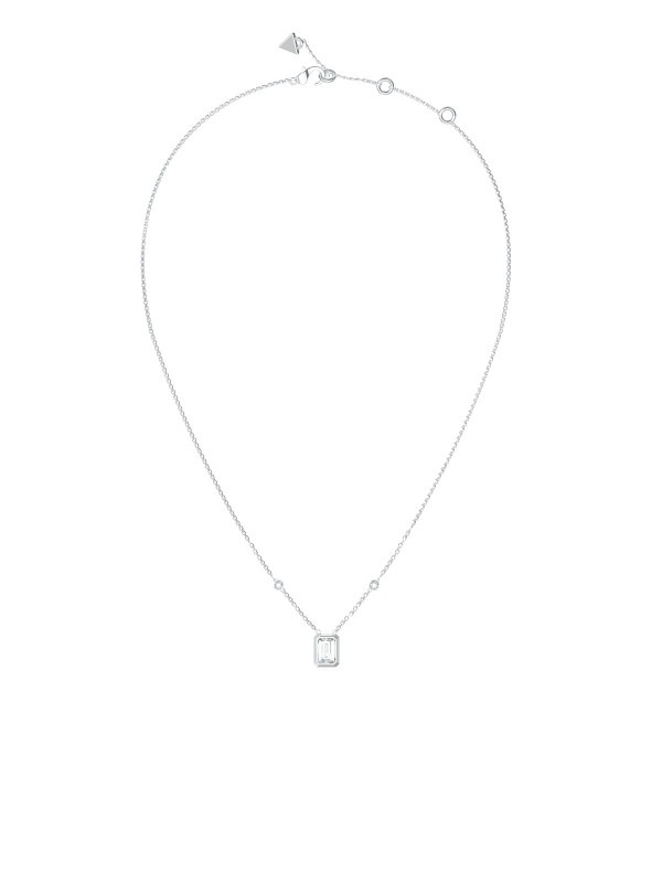 4G LIGHT Guess ženska ogrlica od nerđajućeg čelika u boji srebra sa priveskom cirkon u obliku emerald (oktagon). Podesiva dužina 41–46 cm.