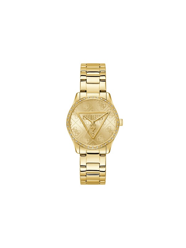 GUESS ROXY ženski sat u boji žutog zlata sa brojčanikom koji krasi Guess trougao logo i 4G print u pozadini, ukrašen cirkonima. Kućište 36 mm, vodootpornost 30 m, moderan logo trend dizajn.