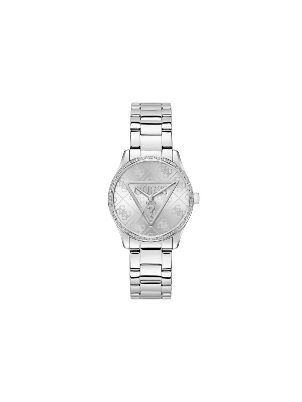 GUESS ROXY ženski sat u boji srebra sa brojčanikom koji krasi Guess trougao logo i 4G print u pozadini, ukrašen cirkonima. Kućište 36 mm, vodootpornost 30 m, moderan logo trend dizajn.