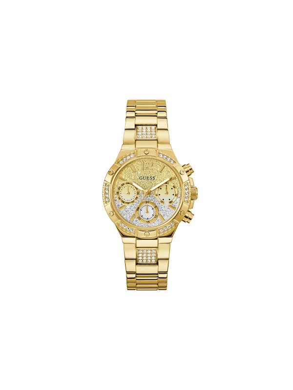 GUESS HARLOW ženski multi-function sat u boji žutog zlata sa sjajnim ombre brojčanikom ukrašenim cirkonima u zlatnim i srebrnim tonovima. Kućište 38 mm sa cirkonima na koroni, vodootpornost 50 m.