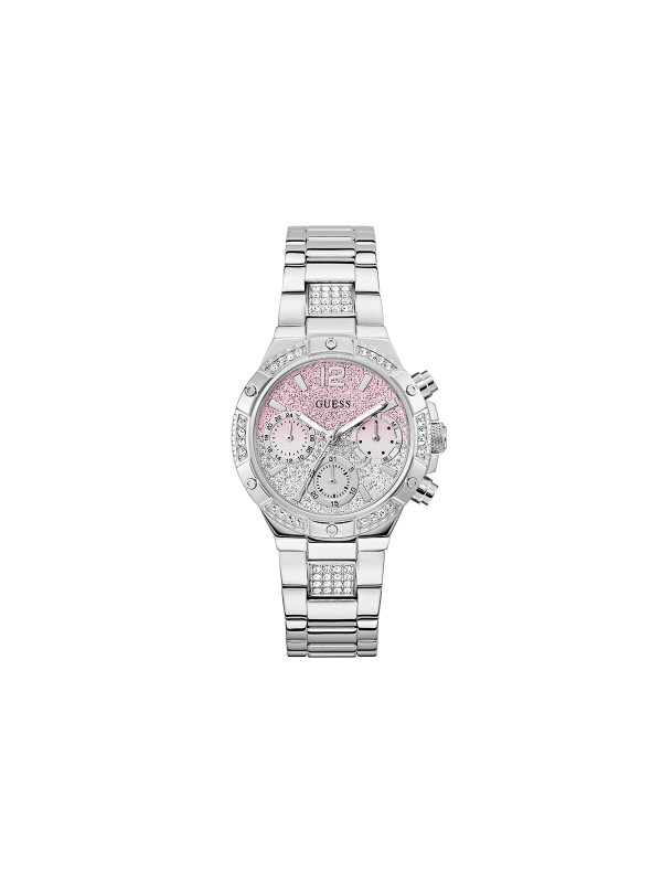 GUESS HARLOW ženski multi-function sat u boji srebra sa sjajnim ombre brojčanikom ukrašenim cirkonima od roze do bele nijanse. Kućište 38 mm sa cirkonima na koroni, vodootpornost 50 m.