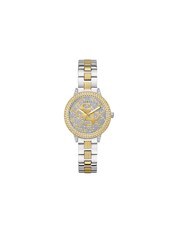 GUESS G LACE ženski trend sat u kombinaciji srebra i žutog zlata sa sjajnim 4G logom na brojčaniku i cirkonima na koroni, narukvici i brojčaniku. Kućište 34 mm, vodootpornost 30 m, elegantan ženstveni stil.