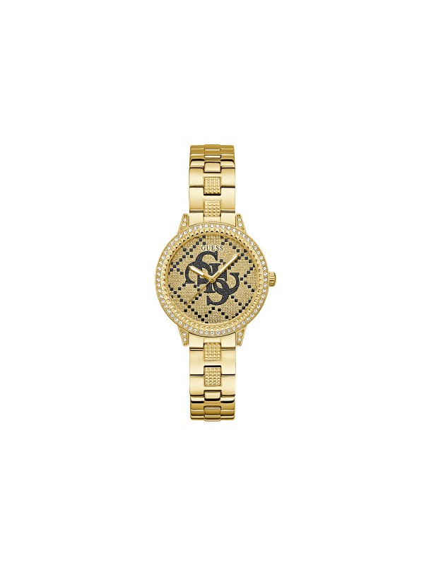 GUESS G LACE ženski trend sat u boji žutog zlata sa sjajnim 4G logom na brojčaniku i cirkonima na koroni, narukvici i brojčaniku. Kućište 34 mm, vodootpornost 30 m, ženstven i elegantan dizajn.
