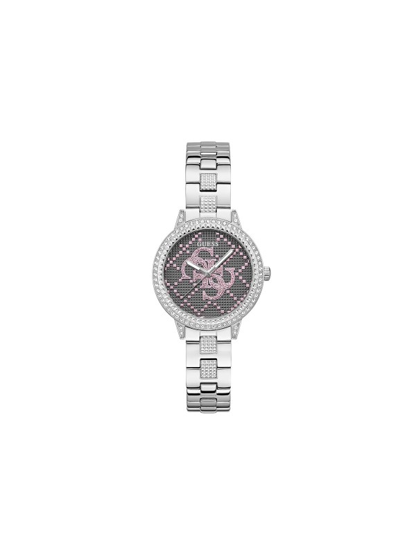 GUESS G LACE ženski trend sat u boji srebra sa sjajnim 4G logom na brojčaniku i cirkonima na koroni i narukvici. Kućište 34 mm, vodootpornost 30 m, elegantan i ženstven dizajn.