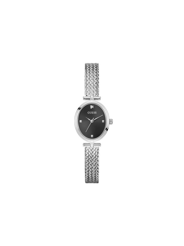 GUESS RUBY ženski elegantni sat ovalnog oblika u boji srebra sa crnim sunray brojčanikom i lab-dijamantom na poziciji 12h. Kućište 24 mm, mesh narukvica u boji srebra, vodootpornost 30 m.