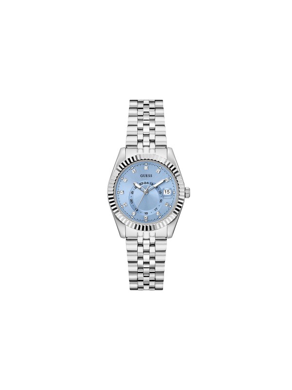 GUESS JADA ženski multi-function sat u boji srebra sa svetloplavim sunray brojčanikom, cirkonima na indeksima i displejem za datum. Kućište 34 mm sa izrezbarenom koronom, jubilee narukvica, vodootpornost 30 m.