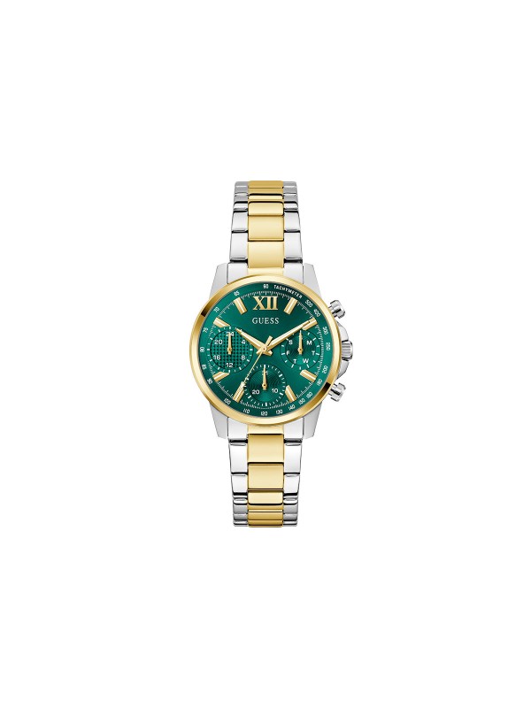 GUESS BAILEY ženski multi-function sat u kombinaciji srebra i žutog zlata sa zelenim sunray brojčanikom. Kućište 36 mm, narukvica sa tri linka u dve boje, vodootpornost 30 m.