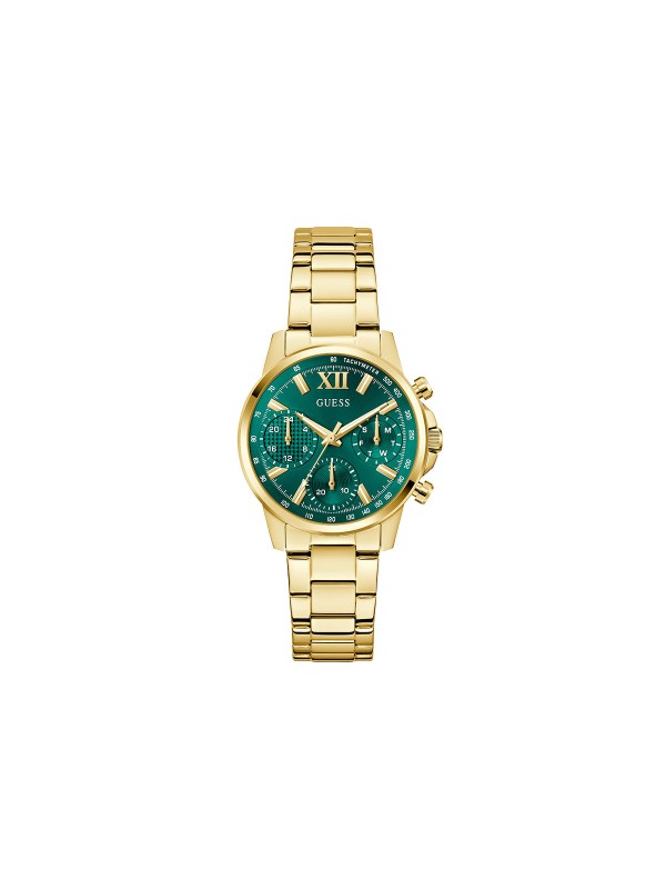 GUESS BAILEY ženski multi-function sat u boji žutog zlata sa zelenim sunray brojčanikom. Kućište 36 mm, elegantna narukvica sa tri linka, vodootpornost 30 m.