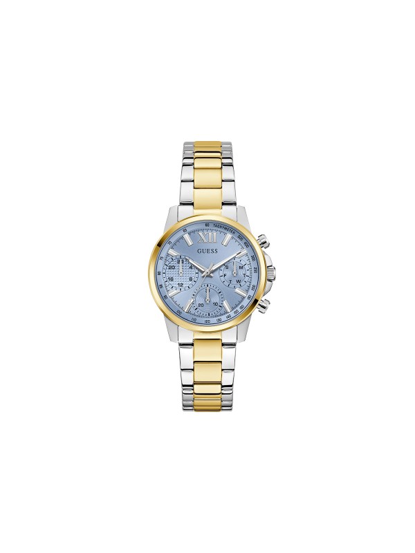 GUESS BAILEY ženski multi-function sat u kombinaciji srebra i žutog zlata sa svetloplavim sunray brojčanikom. Kućište 36 mm, elegantna narukvica sa tri linka, vodootpornost 30 m.