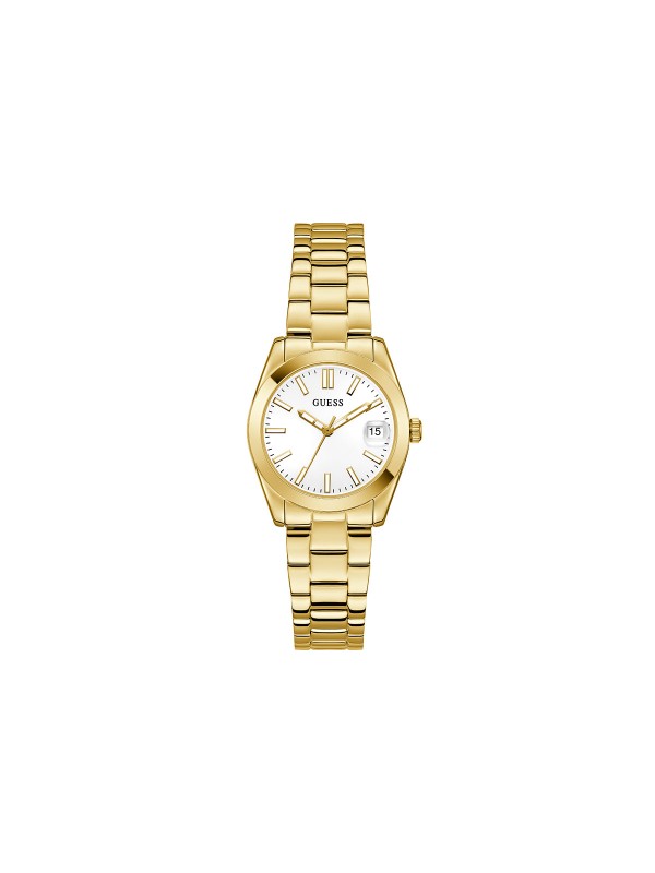 GUESS ALICE ženski sat u boji žutog zlata sa belim sunray brojčanikom i ispupčenim displejem za datum. Kućište 32 mm, elegantna narukvica u boji žutog zlata, vodootpornost 30 m.