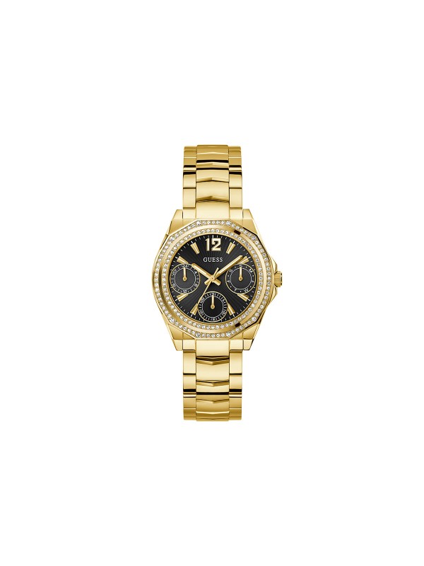 GUESS RITZY ženski multi-function sat u boji žutog zlata sa crnim sunray brojčanikom i dvorednim cirkonima na koroni. Prečnik 36 mm, vodootpornost 50 m.
