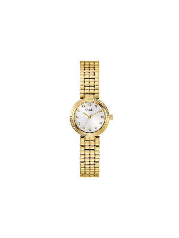 GUESS CLARA ženski elegantni sat u boji žutog zlata sa belim sunray brojčanikom, asimetrično postavljenim cirkonima na kućištu i markerima od cirkona. Prečnik 28 mm, vodootpornost 30 m.
