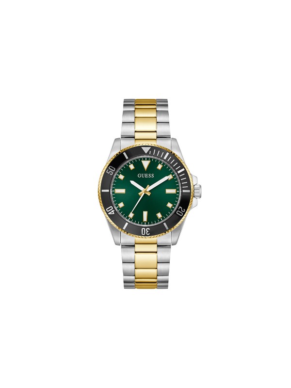 GUESS CLIFF muški sportski sat u kombinaciji srebrne i žutog zlata sa zelenim sunray brojčanikom i crnom aluminijumskom koronom. Kućište 41 mm, vodootpornost 50 m.