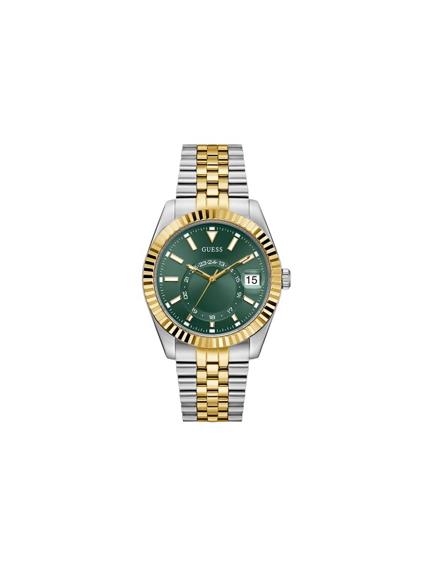 GUESS JADEN muški sat u boji srebra i žutog zlata sa zelenim sunray brojčanikom, multi-function prikazom i datumom. Jubilee narukvica, prečnik kućišta 42 mm.