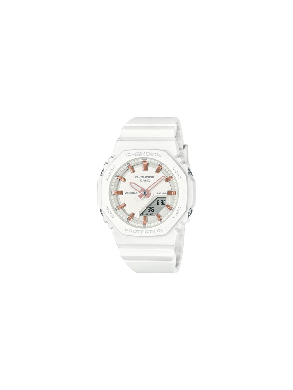 G-SHOCK GMA-P2100M-7AER ženski sportski sat GA-2100 serije, belo kućište i rosegold detalji, bio-guma, vodootporan 200m. Stil i funkcionalnost u jednom.