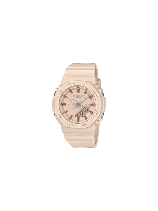 G-SHOCK GMA-P2100M-4AER ženski sportski sat pastelno bež boje, oktagonalnog oblika, sa rosegold detaljima i bio-gumenim kućištem. Vodootpornost 200m.