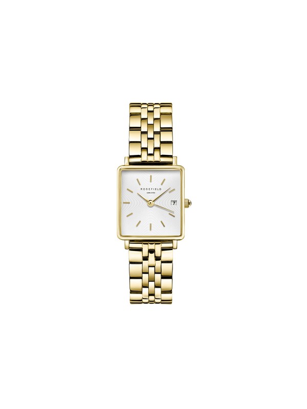 BOXY XS sat u boji žutog zlata sa belim brojčanikom, prečnika 22mm. Elegantan dizajn, japanski kvarcni mehanizam, vodootporan do 30m.