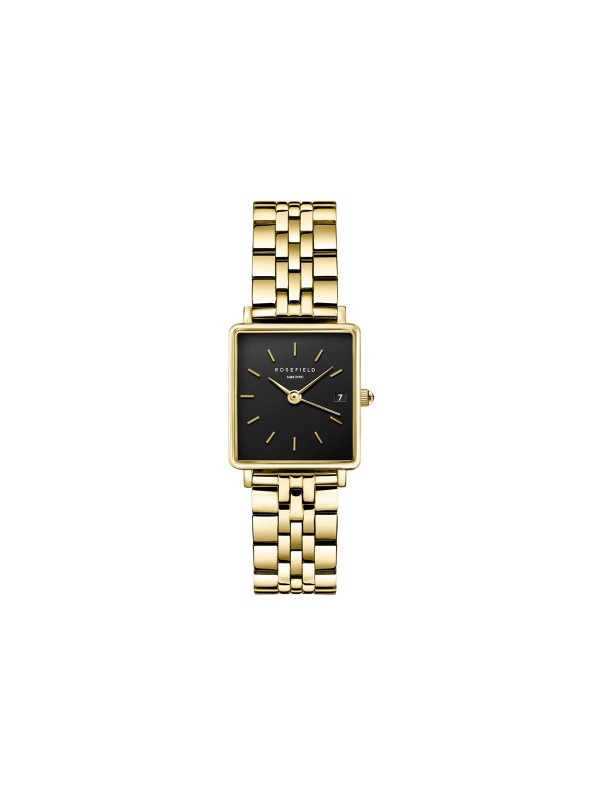Elegantni Rosefield sat sa crnim brojčanikom, žutim zlatom i kvadratnim kućištem od 22mm. Retro stil sa modernim detaljima.
