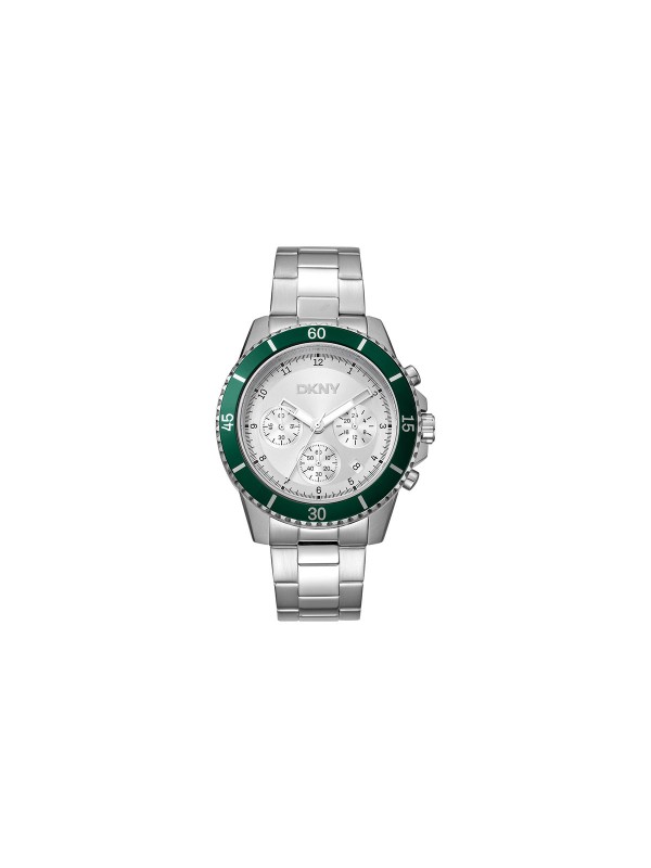 DKNY muški sat hronograf, 42mm, čelično srebrno kućište sa zelenom koronom, srebrni brojčanik, čelična narukvica. Vodootporan do 100m.