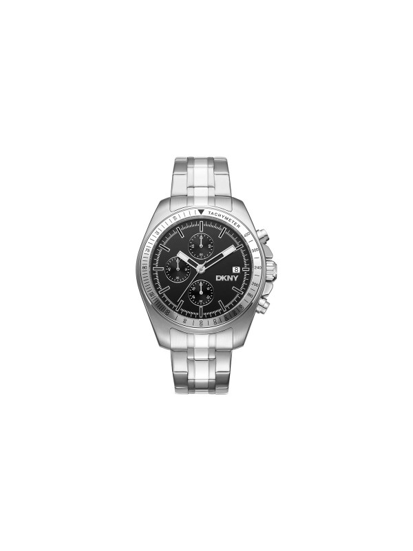 DKNY muški sat hronograf, 42mm srebrno kućište, crni brojčanik, čelična narukvica. Vodootporan do 100m, kvarcni mehanizam.