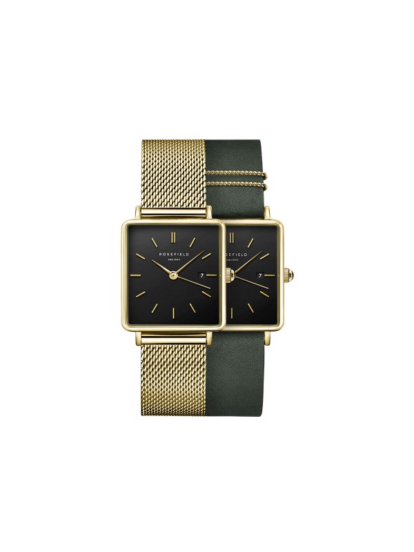 Poklon set sa Boxy Black Forest Green satom i dodatnim zlatnim čeličnim kaišem, savršen za elegantan stil.
