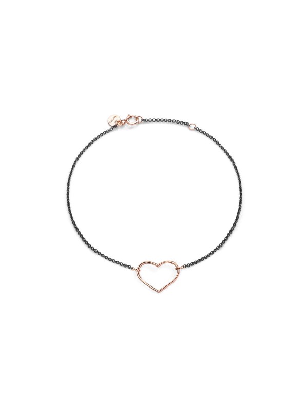 Elegantna Burato S Black Heart narukvica od srebra s PVD crnom prevlakom i srcem od 18ct roze zlata. Podesiva dužina: 15cm i 17cm.