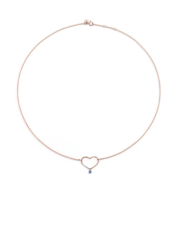 BURATO Blue Heart ogrlica od 18ct roze zlata s plavim safirom. Podesiva dužina, elegantan dizajn, savršen poklon za svaku priliku.