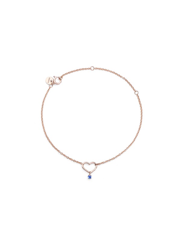 BURATO Blue Heart narukvica od 18ct roze zlata s plavim safirom, podesiva dužina, elegantan dizajn za svaku priliku.