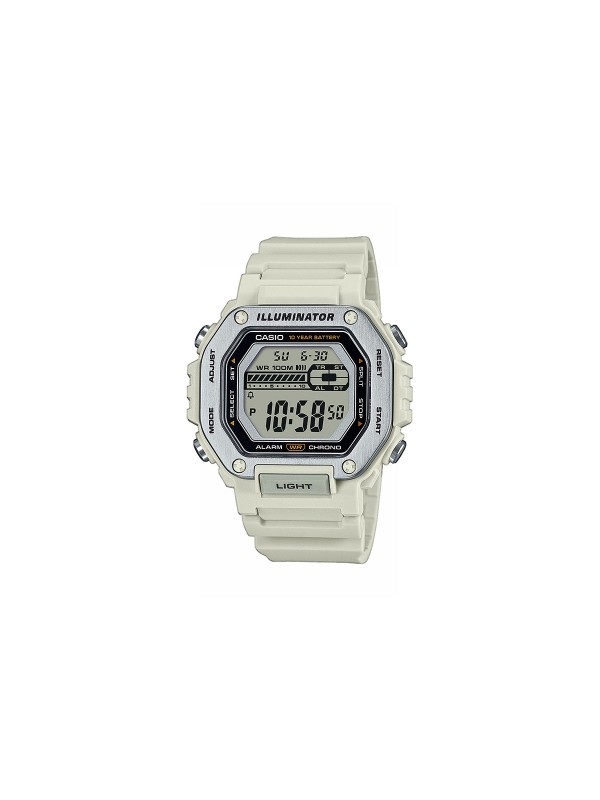 Casio muški digitalni sat sa belom gumenom narukvicom, vodootporan do 100m, sa LED svetlom, štopericom, tajmerom i 10-godišnjom baterijom.