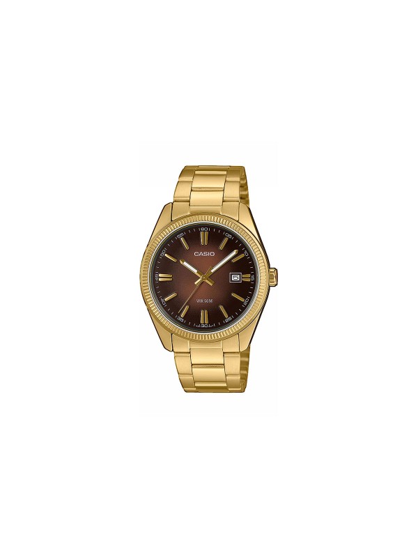 Elegantni Casio muški sat u boji žutog zlata sa braon brojčanikom, idealan za sve prilike, vodootporan do 50m, sa datumom i neon displejom.