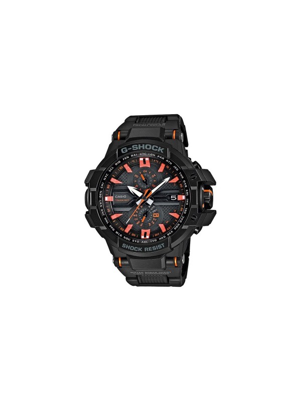 Robusni G-SHOCK sat sa crnim gumenim kućištem, otpornim na udarce i vibracije sa solarnom baterijom i funkcijama kao što su termometar i svetsko vreme.