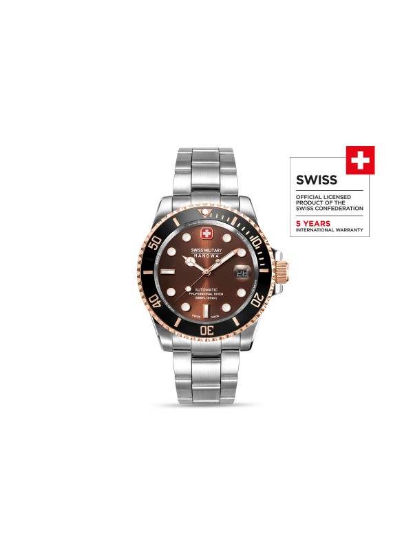 SWISS MILITARY HANOWA Sealord je automatski ronilački sat sa datumom, vodootporan do 200m, sa braon brojčanikom i safirnim staklom.