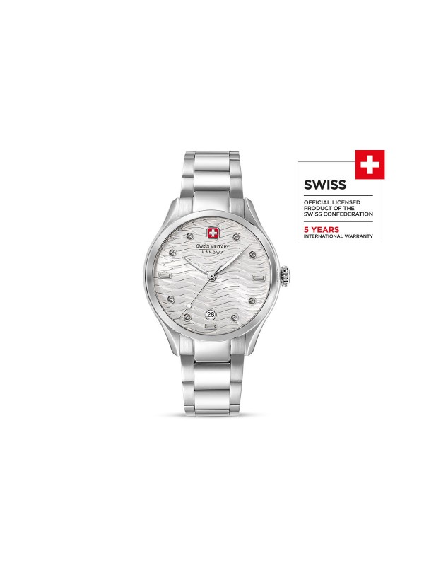 Elegantni ženski sat SWISS MILITARY HANOWA MANTA LADY sa srebrnim kućištem i cirkonima, vodootporan do 100m, idealan za svaku priliku.