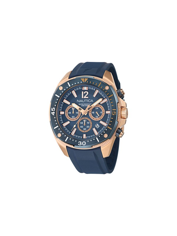 NAPBSS503 NAUTICA sat: rosegold kućište, teget brojčanik i kaiš, kvarcni hronograf, 100m vodootporan. Sportska elegancija uz reciklirani čelik.