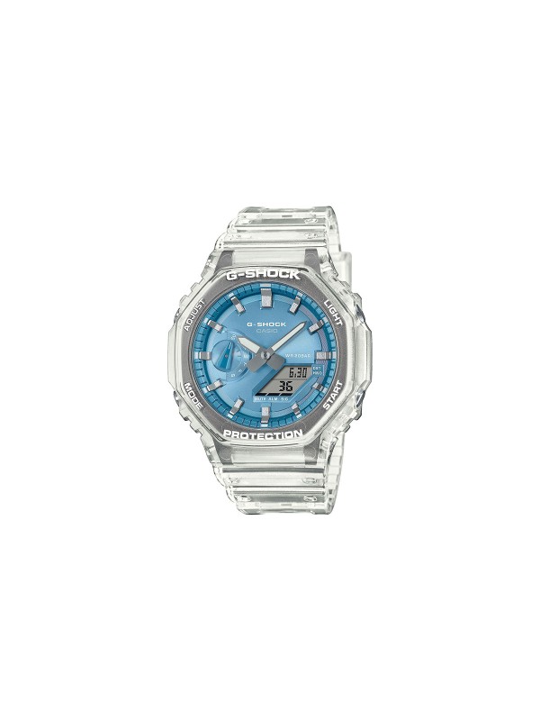 GA-2100BM-7A2ER G-SHOCK muški sat: oktagonalno kućište, svetloplavi brojčanik, neon osvetljenje. Providan dizajn, vodootporan 200m, urbano izdanje!