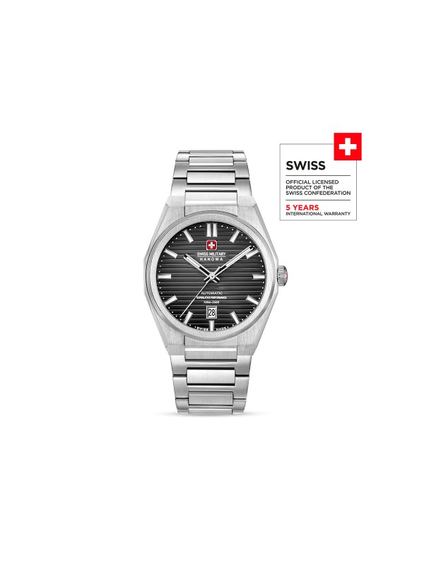 SWISS MILITARY HANOWA AVALANCHE SMWGL0006903 – sofisticirani Swiss Made automatik sat za muškarce koji cene stil i preciznost. Kućište od nerđajućeg čelika u boji srebra (41 mm) u kombinaciji sa crnim brojčanikom i linearnim šablonom daje snažan, ali elegantan izgled. Sat pokreće automatski mehanizam Soprod P024 sa samonavijanjem, safirno staklo i providna zadnja strana otkrivaju njegovu mehaničku lepotu. Vodootpornost do 100 metara čini ovaj model savršenim spojem luksuza i pouzdanosti.