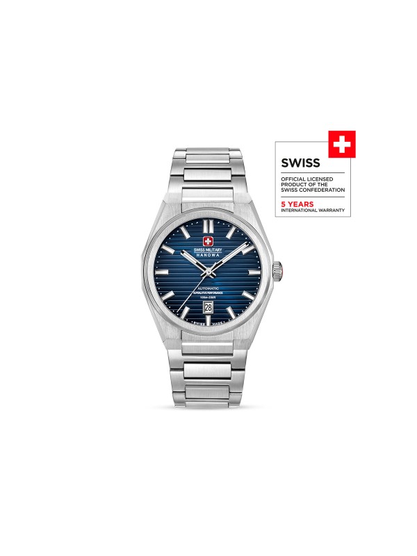 SWISS MILITARY HANOWA AVALANCHE SMWGL0006901 – Swiss Made muški automatik sat koji spaja snagu i eleganciju. Kućište od nerđajućeg čelika prečnika 41 mm i teget brojčanik sa linearnim šablonom pružaju prepoznatljiv minimalizam. Pokreće ga automatski mehanizam Soprod P024 sa samonavijanjem, safirno staklo i providna zadnja strana otkrivaju savršenstvo švajcarske izrade. Vodootpornost do 100 metara čini ga idealnim izborom za muškarce koji traže luksuz i pouzdanost u svakom detalju.