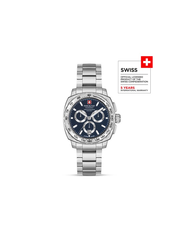 SWISS MILITARY HANOWA SPEEDWELL SMWGI0006803 – Swiss Made muški hronograf koji spaja preciznost, performanse i eleganciju. Kućište od nerđajućeg čelika prečnika 41 mm i teget brojčanik daju ovom satu prepoznatljiv sportsko-elegantni izgled. Opremljen kvarcnim mehanizmom Ronda 5030D, safirnim staklom i vodootpornošću do 100 metara, ovaj model nudi pouzdanost i luksuz u svakom detalju, savršen za muškarce koji traže stil i funkcionalnost u jednom satu.