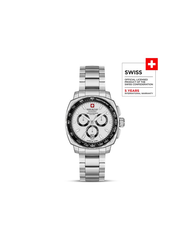 SWISS MILITARY HANOWA SPEEDWELL SMWGI0006801 – Swiss Made muški hronograf koji kombinuje sportski duh i vrhunsku preciznost. Kućište od nerđajućeg čelika prečnika 41 mm sa fiksnim tahimetarskim okvirom i visoko sjajnim belim brojčanikom ističe eleganciju i performanse. Sat poseduje kvarcni mehanizam Ronda 5030D, safirno staklo, vodootpornost do 100 metara i narukvicu od nerđajućeg čelika – idealan izbor za muškarce koji traže preciznost i stil u svakom detalju.