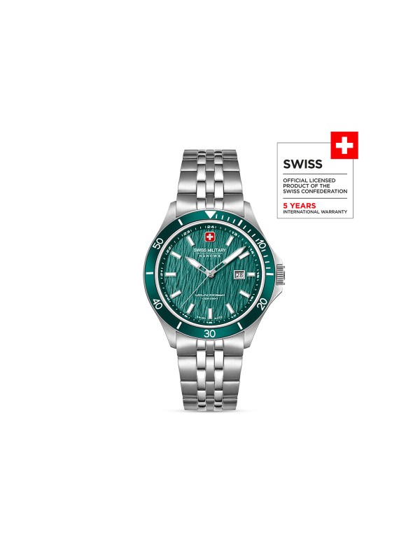 SWISS MILITARY HANOWA FLAGSHIP ELEMENTS EARTH SMWGH0006704 – Swiss Made muški sportski sat koji simbolizuje snagu i stabilnost prirode kroz dizajn inspirisan elementom zemlje. Kućište od nerđajućeg čelika prečnika 42 mm i hidraulično utisnuti zeleni brojčanik predstavljaju spoj robusnosti i elegancije. Opremljen safirnim staklom, kvarcnim mehanizmom Ronda 505 sa funkcijom datuma i vodootpornošću do 100 metara, ovaj sat u potpunosti oslikava duh kolekcije Flagship Elements.