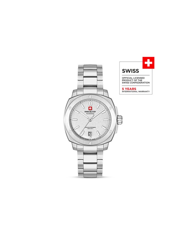 SWISS MILITARY HANOWA SIRIUS SMWGH0006503 – Swiss Made muški sportski sat koji spaja klasični dizajn i savremenu funkcionalnost. Kućište od nerđajućeg čelika prečnika 40 mm i srebrni brojčanik sa suptilnom teksturom stvaraju prefinjen, monohromatski izgled. Sat poseduje safirno staklo, kvarcni mehanizam Ronda 515 sa funkcijom datuma i vodootpornost do 100 metara, što ga čini savršenim izborom za muškarce koji traže stil i pouzdanost u jednom.