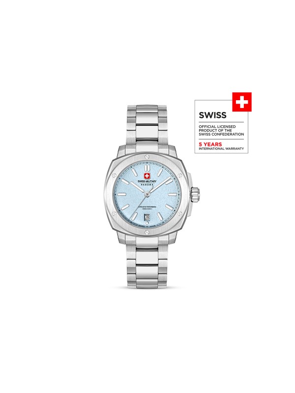 SWISS MILITARY HANOWA SIRIUS SMWGH0006502 – Swiss Made muški sportski sat koji kombinuje klasičan dizajn i savremenu estetiku. Kućište od nerđajućeg čelika prečnika 40 mm i svetlo plavi brojčanik sa teksturom stvaraju elegantan kontrast i moderan izgled. Opremljen safirnim staklom, kvarcnim mehanizmom Ronda 515 sa funkcijom datuma i vodootpornošću do 100 metara, SIRIUS predstavlja savršen spoj švajcarske preciznosti i prefinjenog sportskog stila.