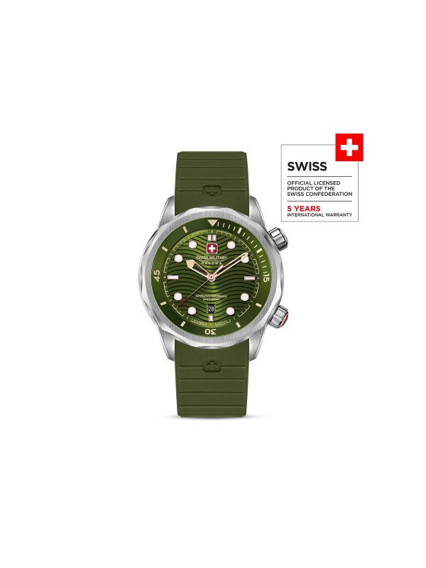 SWISS MILITARY HANOWA BREAKWATER SMWGN0006402 – Swiss Made muški sportski sat dizajniran za avanture pod vodom i na kopnu. Kućište od nerđajućeg čelika prečnika 43 mm i maslinasto zeleni brojčanik sa talasastim uzorkom daju mu robustan, a sofisticiran izgled. Maslinasto zelena silikonska narukvica pruža udobnost i sigurnost, dok safirno staklo, kvarcni mehanizam Ronda 505 i vodootpornost do 300 metara obezbeđuju pouzdanost u svim uslovima.