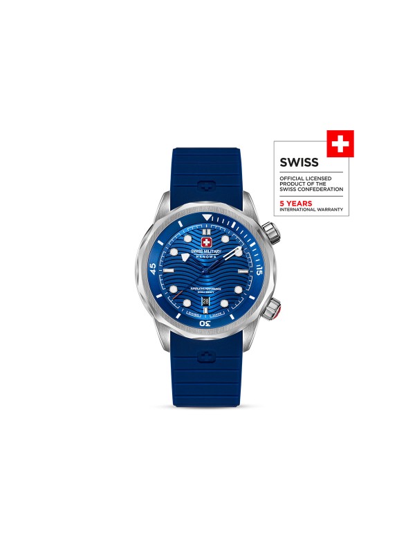 SWISS MILITARY HANOWA BREAKWATER SMWGN0006401 – Swiss Made muški sportski sat kreiran za ljubitelje avanture i mora. Opremljen robusnim kućištem od nerđajućeg čelika prečnika 43 mm, gradijentno plavim brojčanikom sa talasastim uzorkom i teget silikonskom narukvicom, ovaj sat kombinuje stil i funkcionalnost. Safirno staklo, kvarcni mehanizam Ronda 505 i vodootpornost do 300 metara garantuju pouzdanost i izdržljivost u svakoj situaciji.