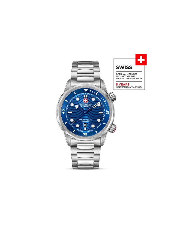 SWISS MILITARY HANOWA BREAKWATER SMWGH0006403 – Swiss Made muški sportski sat dizajniran za ekstremne uslove i dubine do 300 metara. Kućište od nerđajućeg čelika prečnika 43 mm, gradijentno plavi brojčanik sa talasastim uzorkom i safirno staklo pružaju savršenu kombinaciju funkcionalnosti i stila. Sat poseduje dve krunice sa zavrtnjem za podešavanje vremena i ronjenja, kao i kvarcni mehanizam Ronda 505 sa funkcijom datuma.