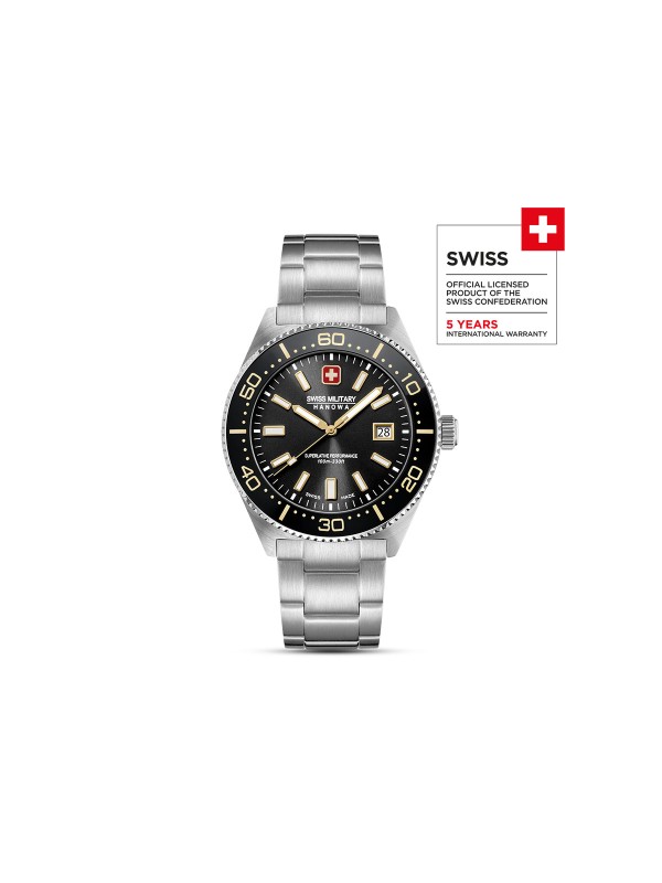 SWISS MILITARY HANOWA NOMAD SMWGH0004905 – Swiss Made muški sportski sat koji spaja vintage estetiku sa modernom elegancijom. Kućište od nerđajućeg čelika i crni brojčanik sa suptilnim zlatnim detaljima stvaraju luksuzan kontrast. Safirno staklo, kvarcni mehanizam Ronda 515 i vodootpornost do 100 metara čine ga pouzdanim izborom za muškarce koji cene preciznost i prefinjen stil.